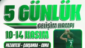 Gencer Baytimur Basketbol Akademisi’nin 10–14 Kasım tarihli 5 günlük gelişim kampı afişi, top antrenmanı ve atletik performans çalışmalarıyla.