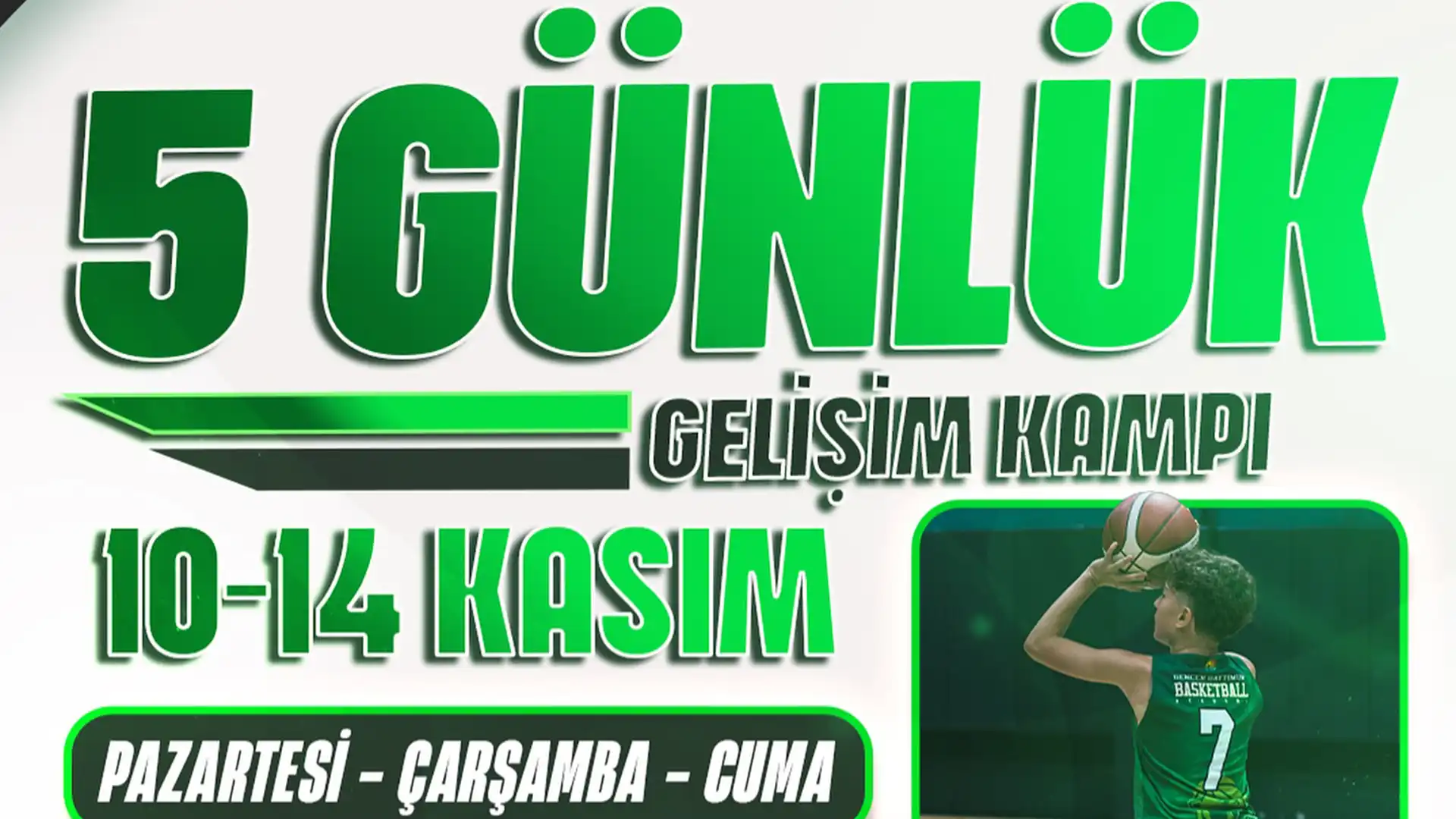 Gencer Baytimur Basketbol Akademisi’nin 10–14 Kasım tarihli 5 günlük gelişim kampı afişi, top antrenmanı ve atletik performans çalışmalarıyla.