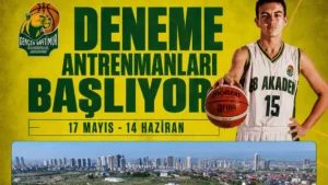Gencer Baytimur Basketbol Akademisi deneme antrenmanları başlangıç duyurusu görseli ve İncek G.B Arena tesisi