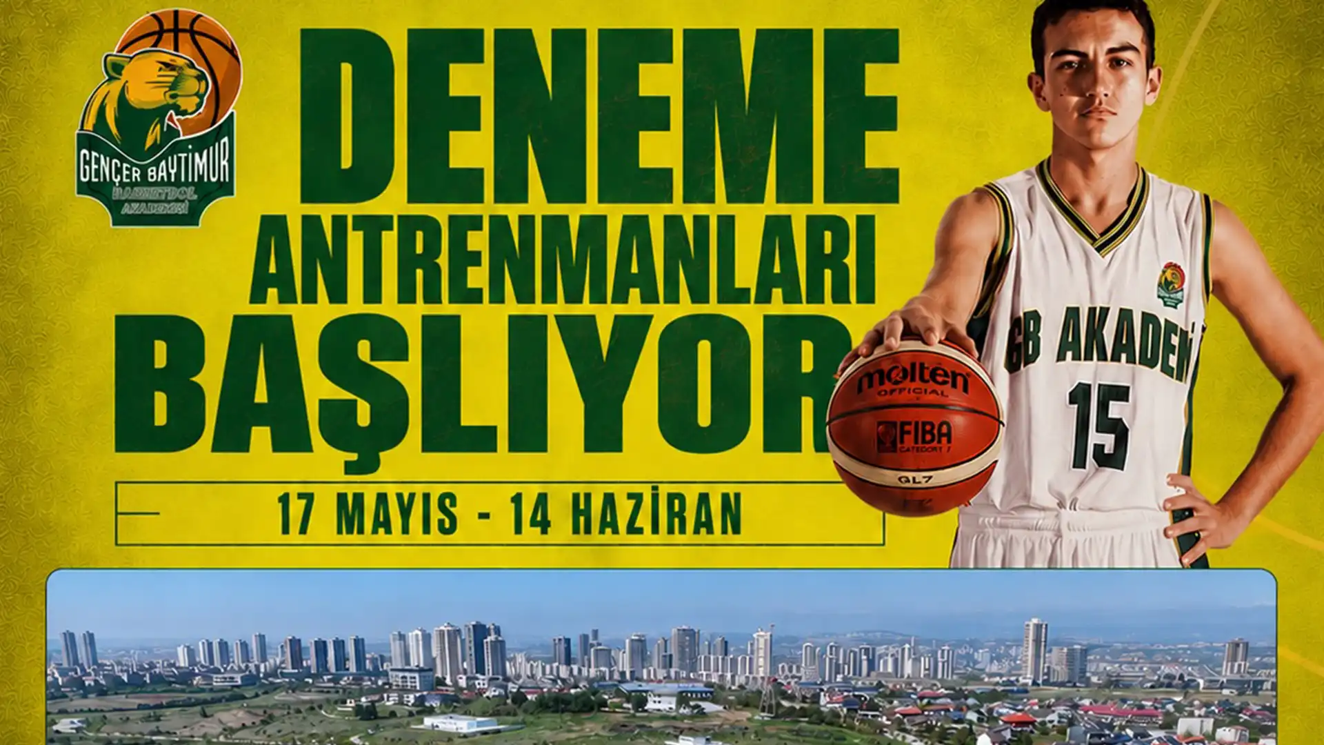Gencer Baytimur Basketbol Akademisi deneme antrenmanları başlangıç duyurusu görseli ve İncek G.B Arena tesisi