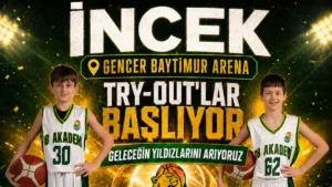 Gencer Baytimur Basketbol Akademisi tarafından düzenlenen TRY-OUT organizasyonu için hazırlanan duyuru görseli. G.B Arena’da gerçekleşecek seçmelerle geleceğin basketbol yıldızları keşfediliyor.