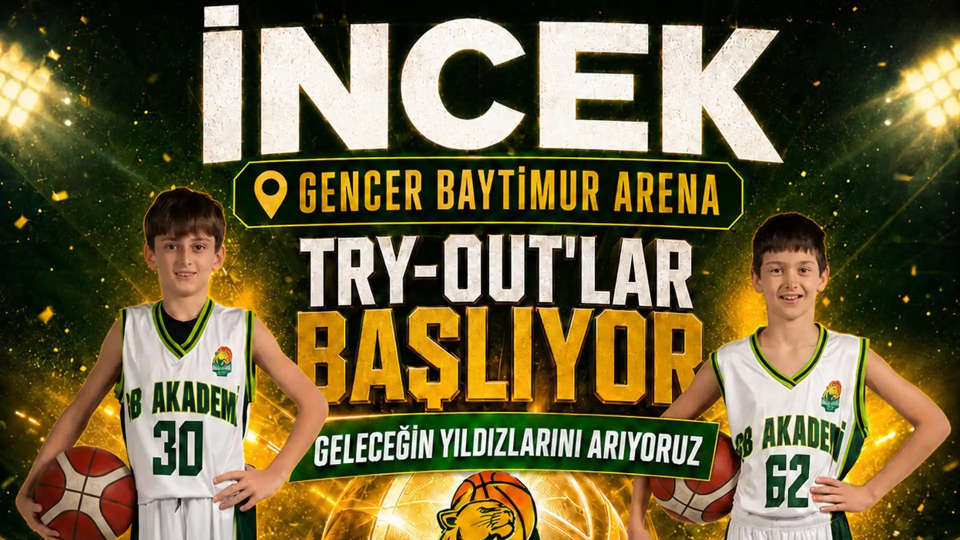 Gencer Baytimur Basketbol Akademisi tarafından düzenlenen TRY-OUT organizasyonu için hazırlanan duyuru görseli. G.B Arena’da gerçekleşecek seçmelerle geleceğin basketbol yıldızları keşfediliyor.
