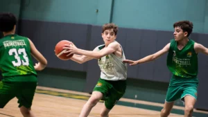 Basketbola başlama yaşındaki genç sporcular antrenmanda top sürerken, Gencer Baytimur Basketbol Akademisi