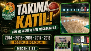 Basketbol takım seçmeleri afişi: GB Akademi 2014-2018 doğumlu sporcular için takıma katılım çağrısı ve G.B Arena