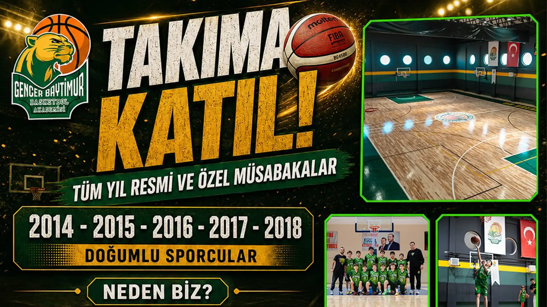 Basketbol takım seçmeleri afişi: GB Akademi 2014-2018 doğumlu sporcular için takıma katılım çağrısı ve G.B Arena